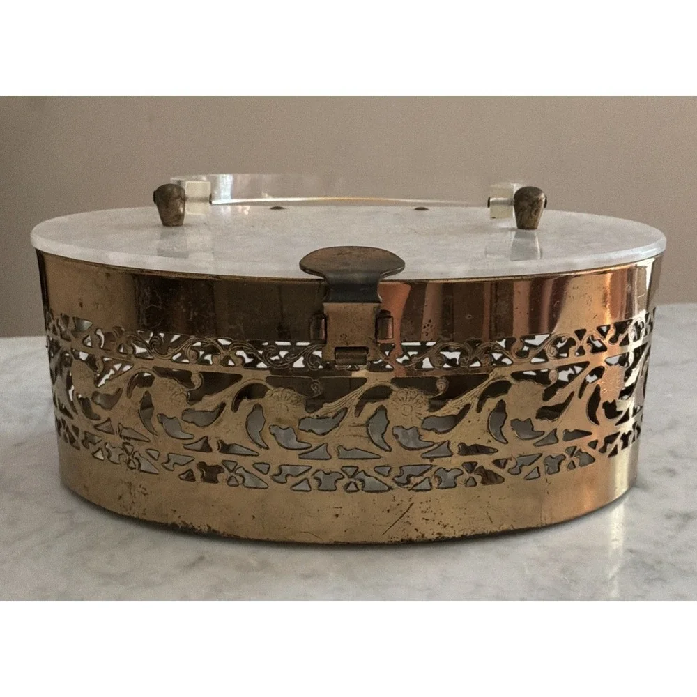 1950's Vntge Pearlescent Lucite/ Gold Tone Metal Filigree Box Top Handle Purse